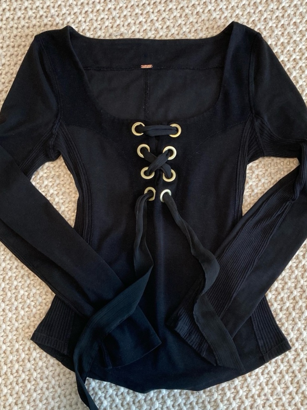 Free People Black Long Sleeve Lace-Up Square Neck Top
